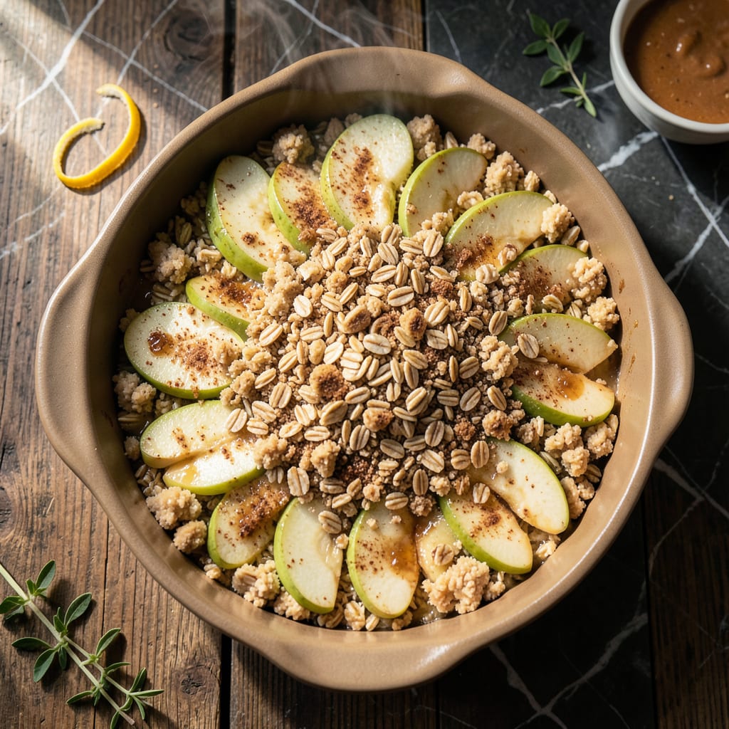 Low Fat Apple Crumble Recipe: Warm Spiced Filling With Oat Topping example with annotations
