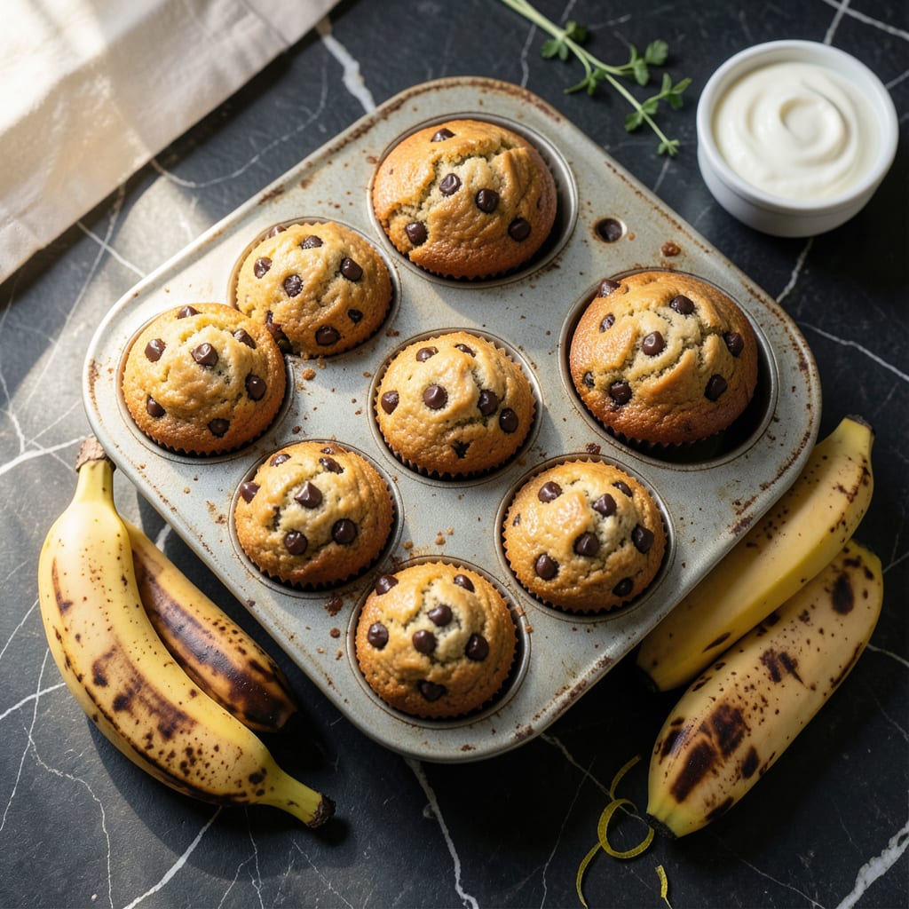 Low Fat Banana Chocolate Chip Muffin Recipe: Light Yet Indulgent Morning Treat illustration with key details