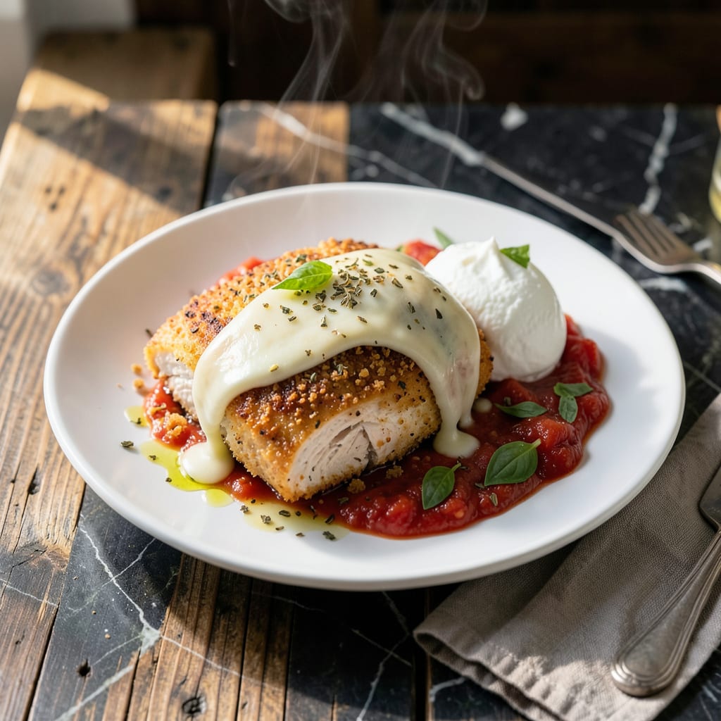 Low Fat Chicken Parm Recipe: Crispy Coating With Light Cheese Layers example with annotations