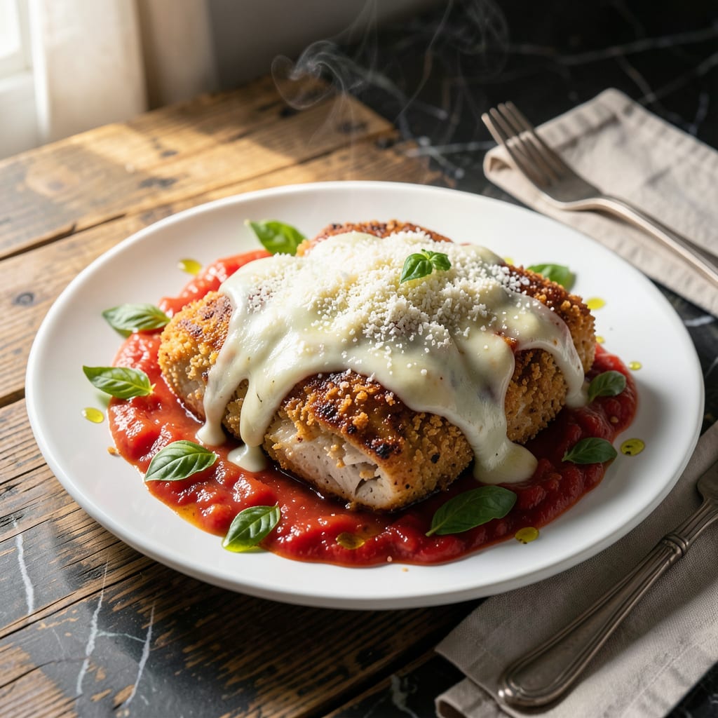 low fat chicken parmigiana recipe illustration with key details