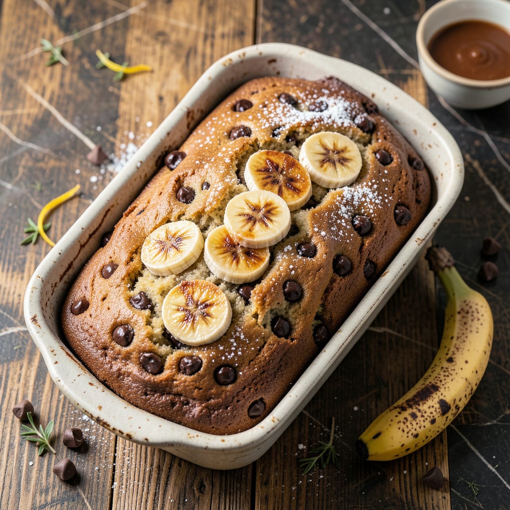 Complete low fat chocolate chip banana bread recipe overview image