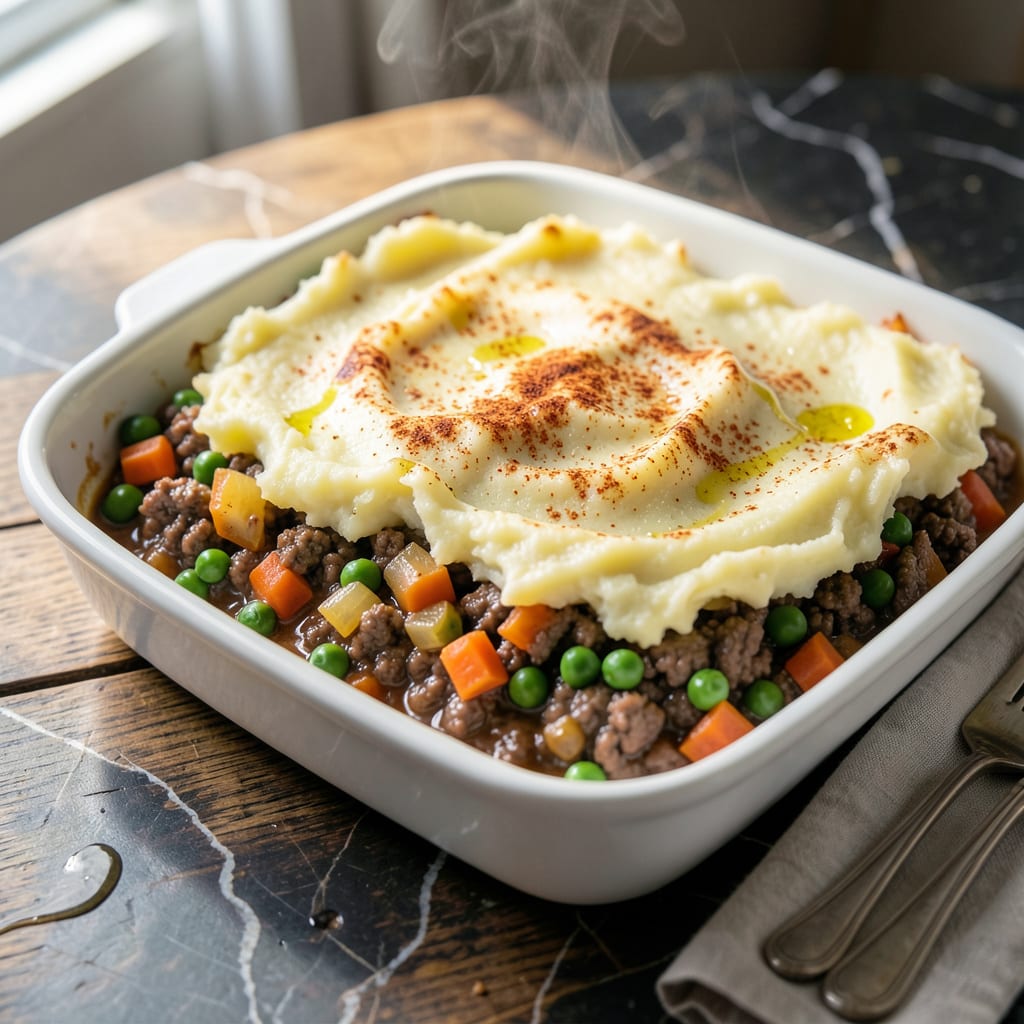Visual representation of Low Fat Cottage Pie Recipe: Lean Beef and Veggie Topped With Fluffy Potatoes