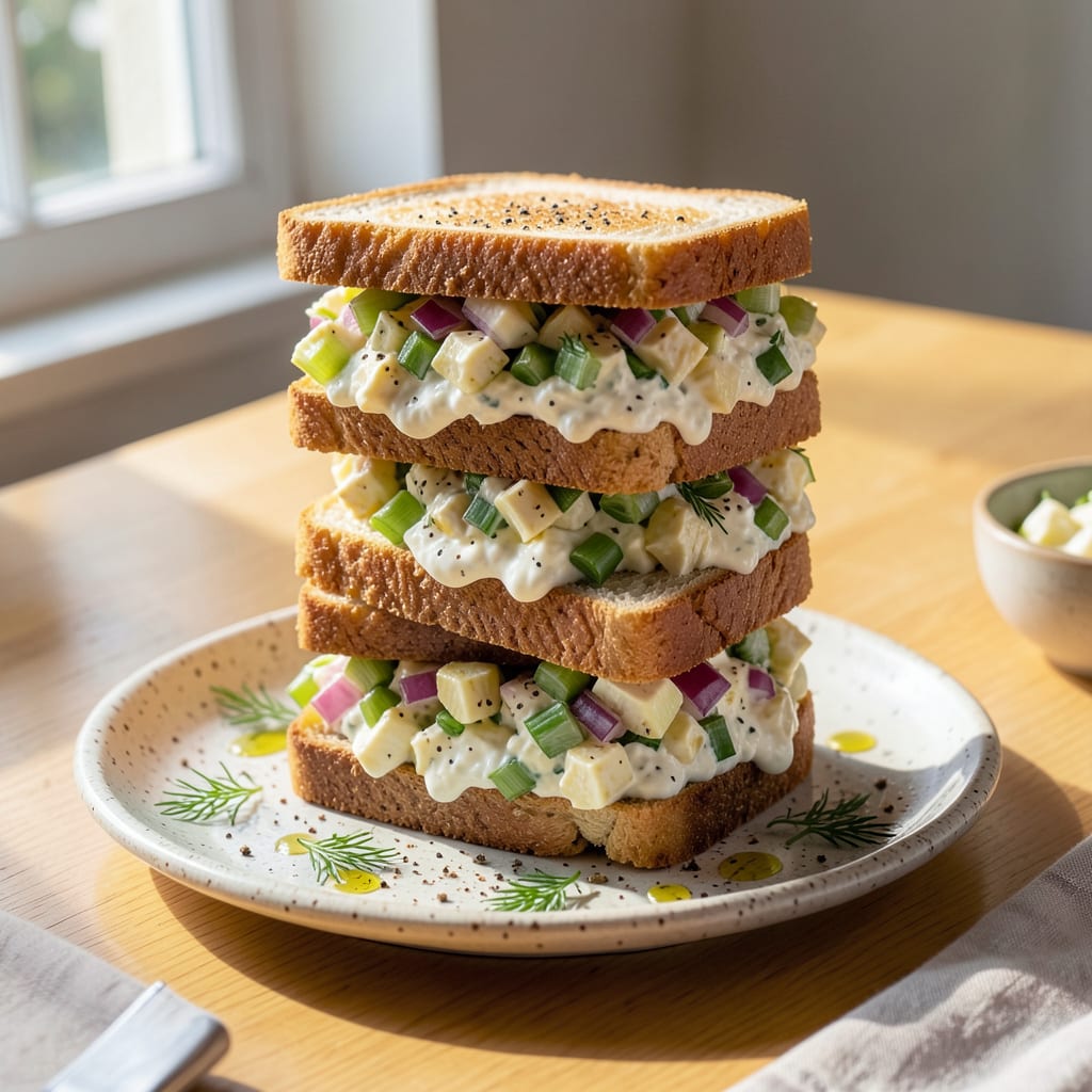 Low Fat Egg Salad Sandwich Recipe: Greek Yogurt Freshness With Crunch illustration with key details
