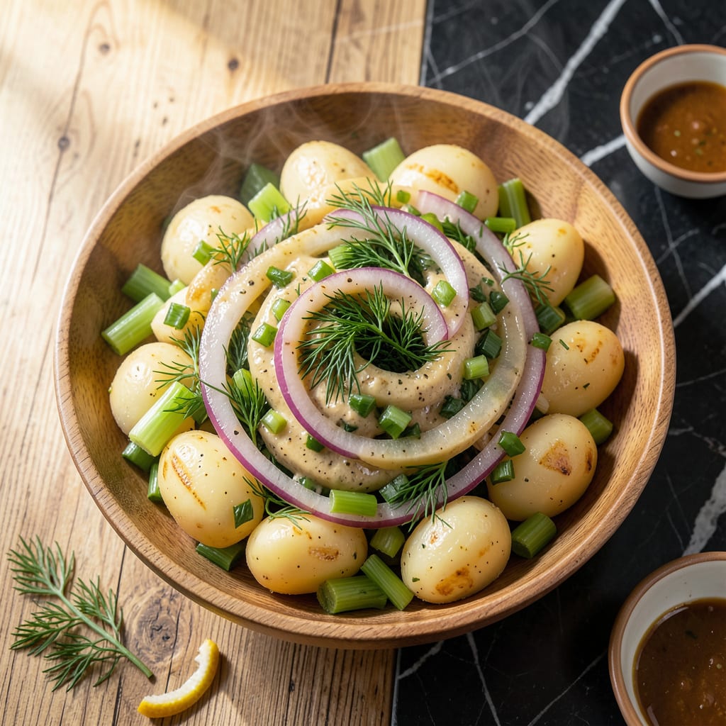 Low Fat German Potato Salad Recipe: Tangy Mustard Dill Lightness illustration with key details