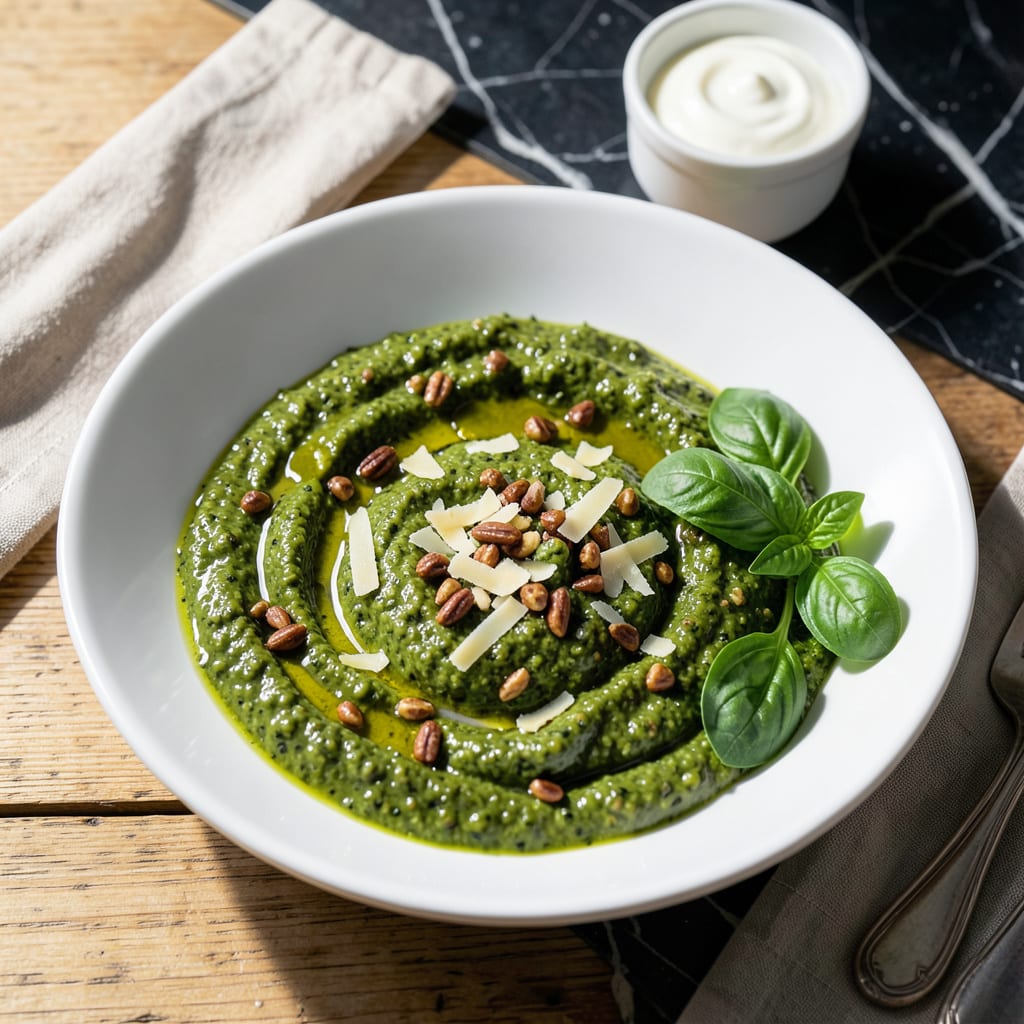 low fat pesto sauce recipe illustration with key details