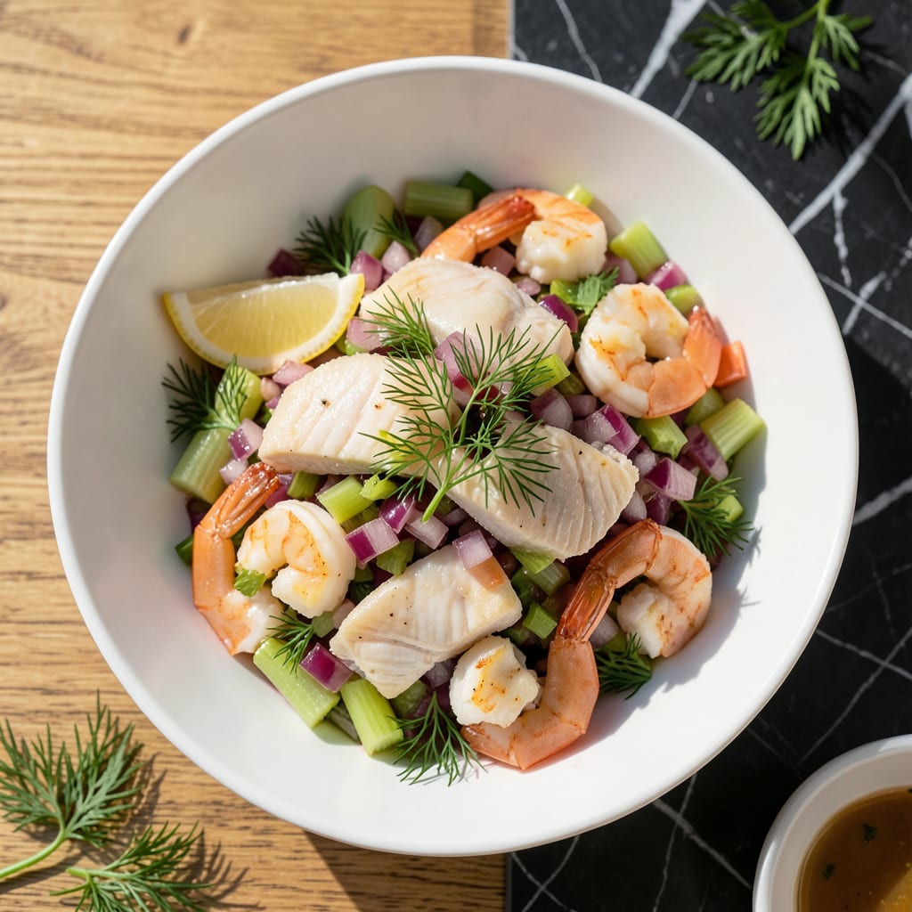 Visual representation of Low Fat Seafood Salad Recipe: Lemon Dill Brightness with Fresh Catch