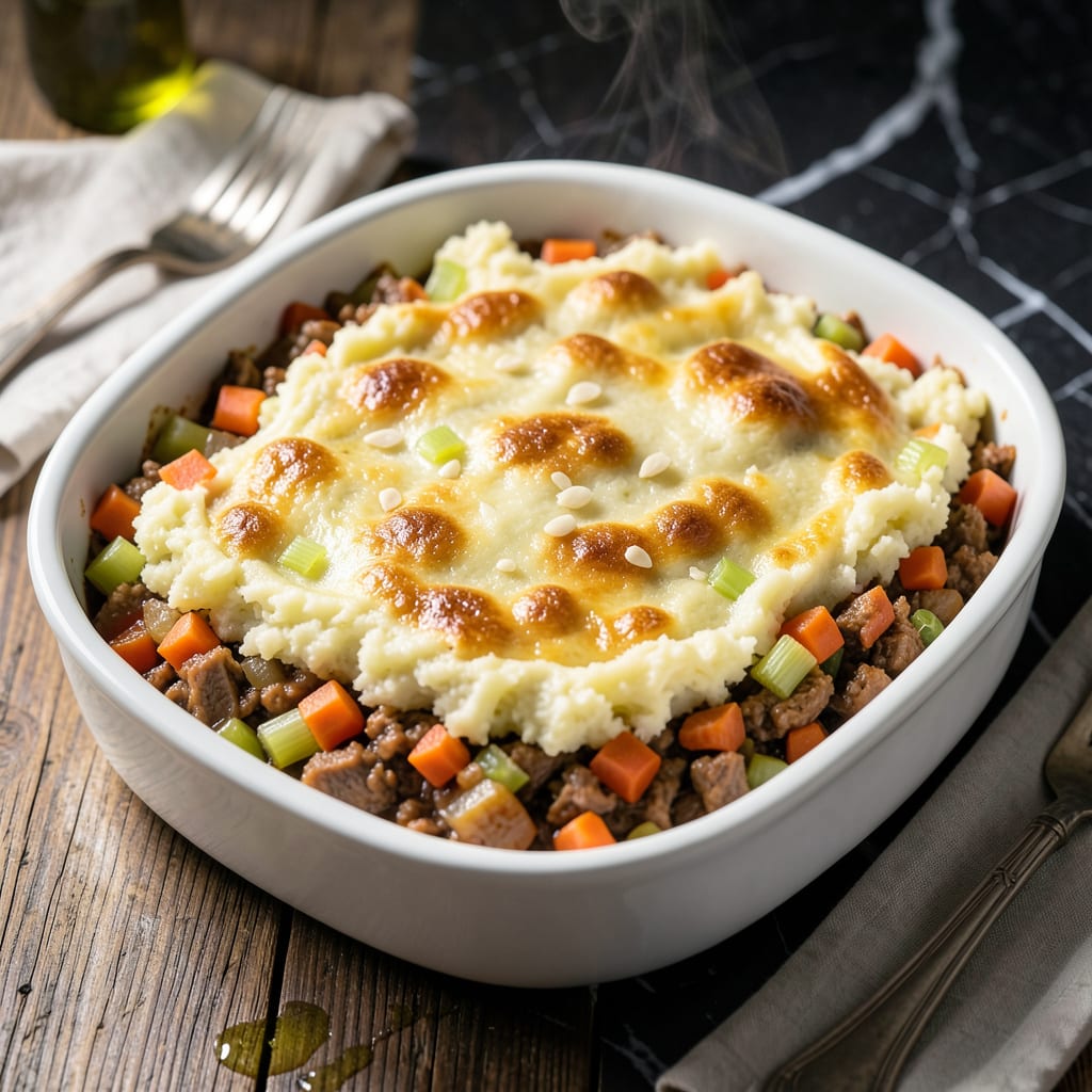 Low Fat Shepherd's Pie Recipe: Lightened Comfort With Mashed Cauliflower Topping illustration with key details