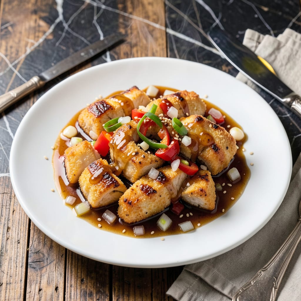 low fat sweet and sour chicken recipe illustration with key details