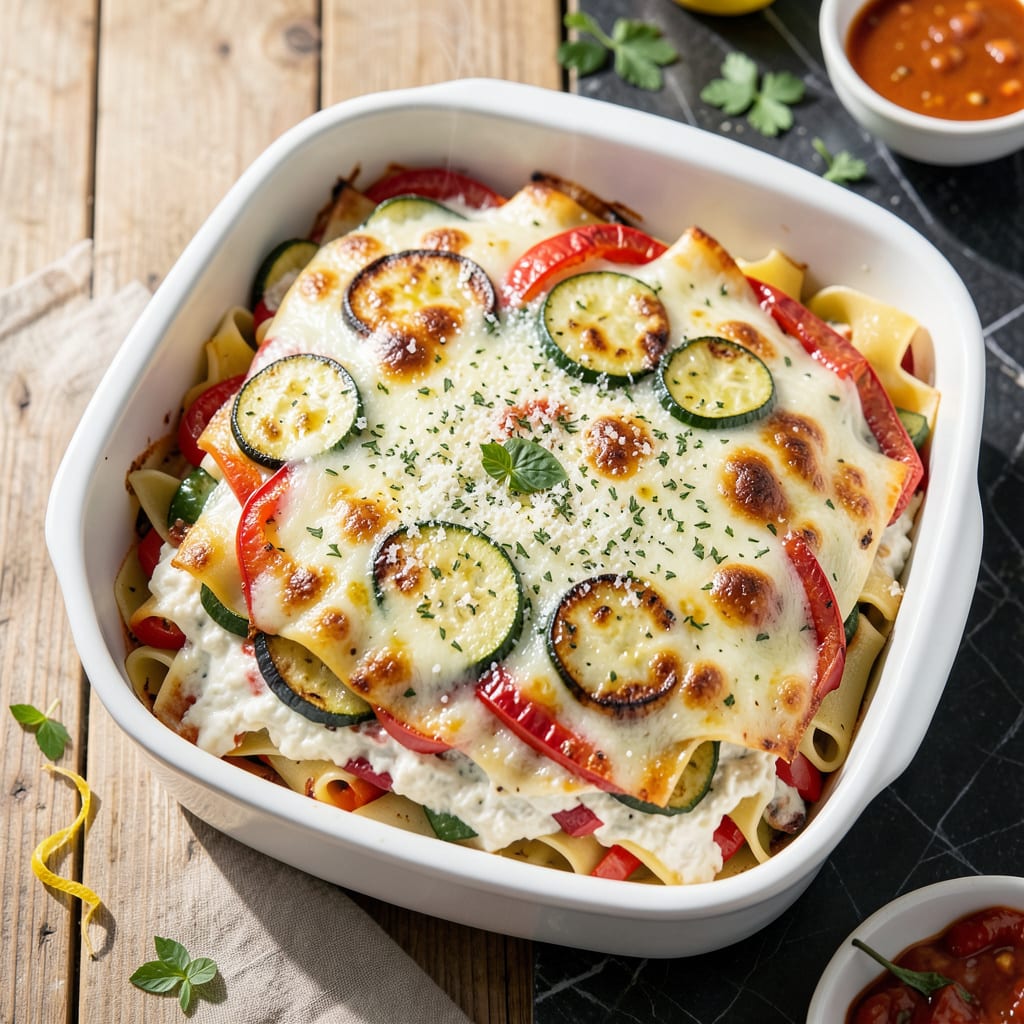 low fat veg lasagna recipe illustration with key details