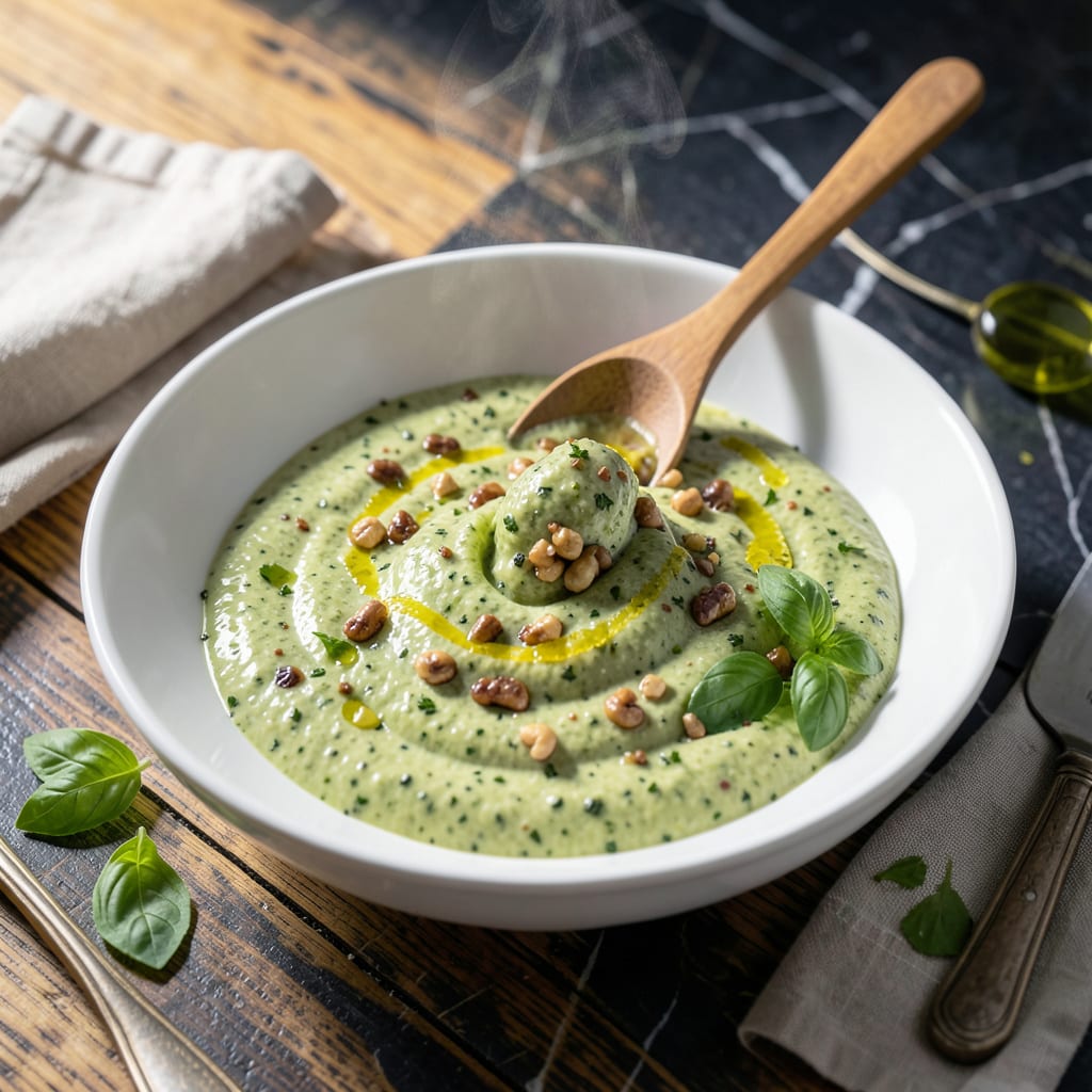 Low Fat Vegan Pesto Recipe: Fresh Basil Flavor Without the Oil illustration with key details