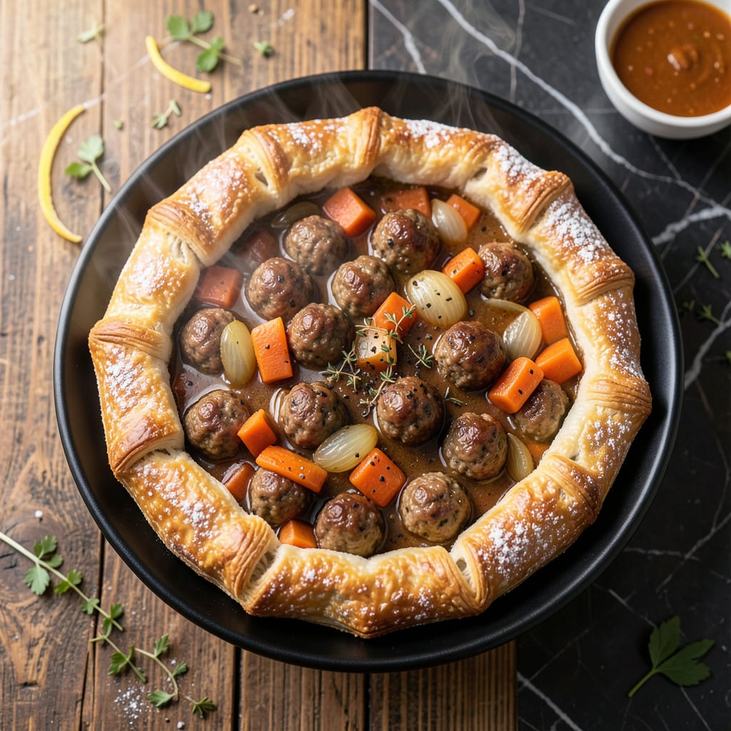 meatball pot pie recipe illustration with key details