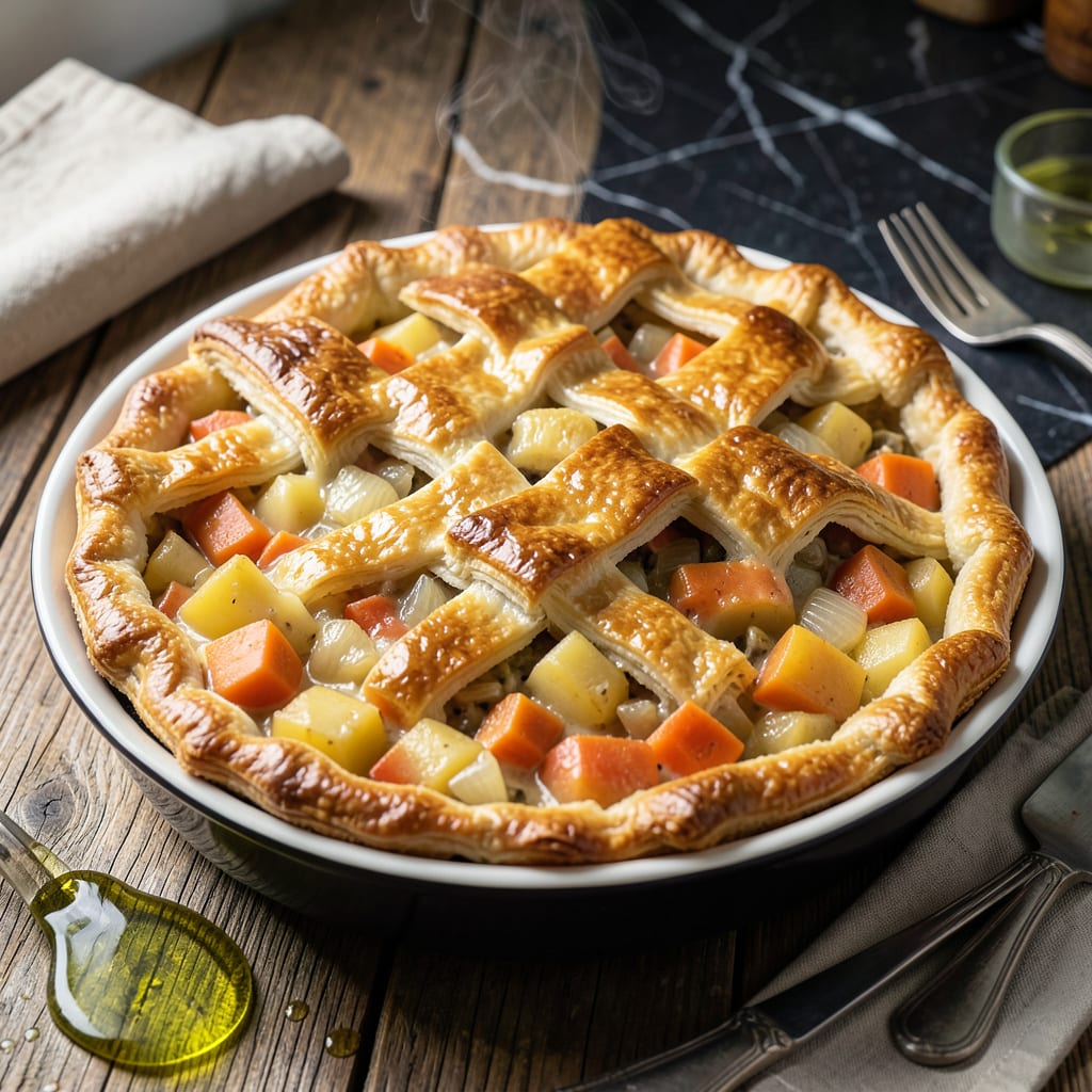 Meatless Pot Pie Recipe: Golden Crust Over Hearty Vegetable Filling illustration with key details
