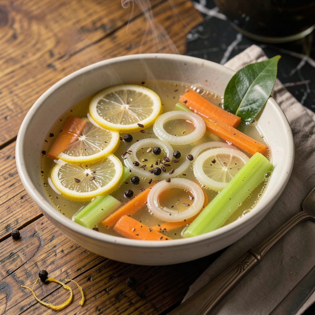Melting Pot Court Bouillon Recipe: Light Yet Flavorful French Broth illustration with key details