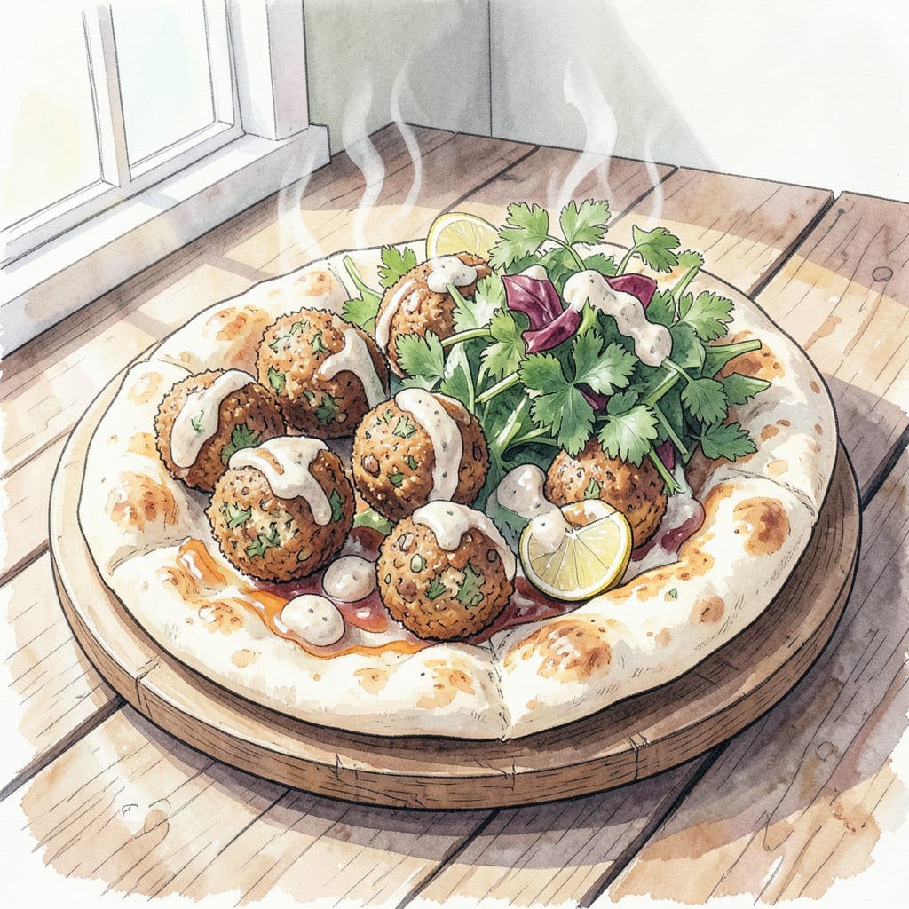 middle eastern falafel recipe illustration with key details