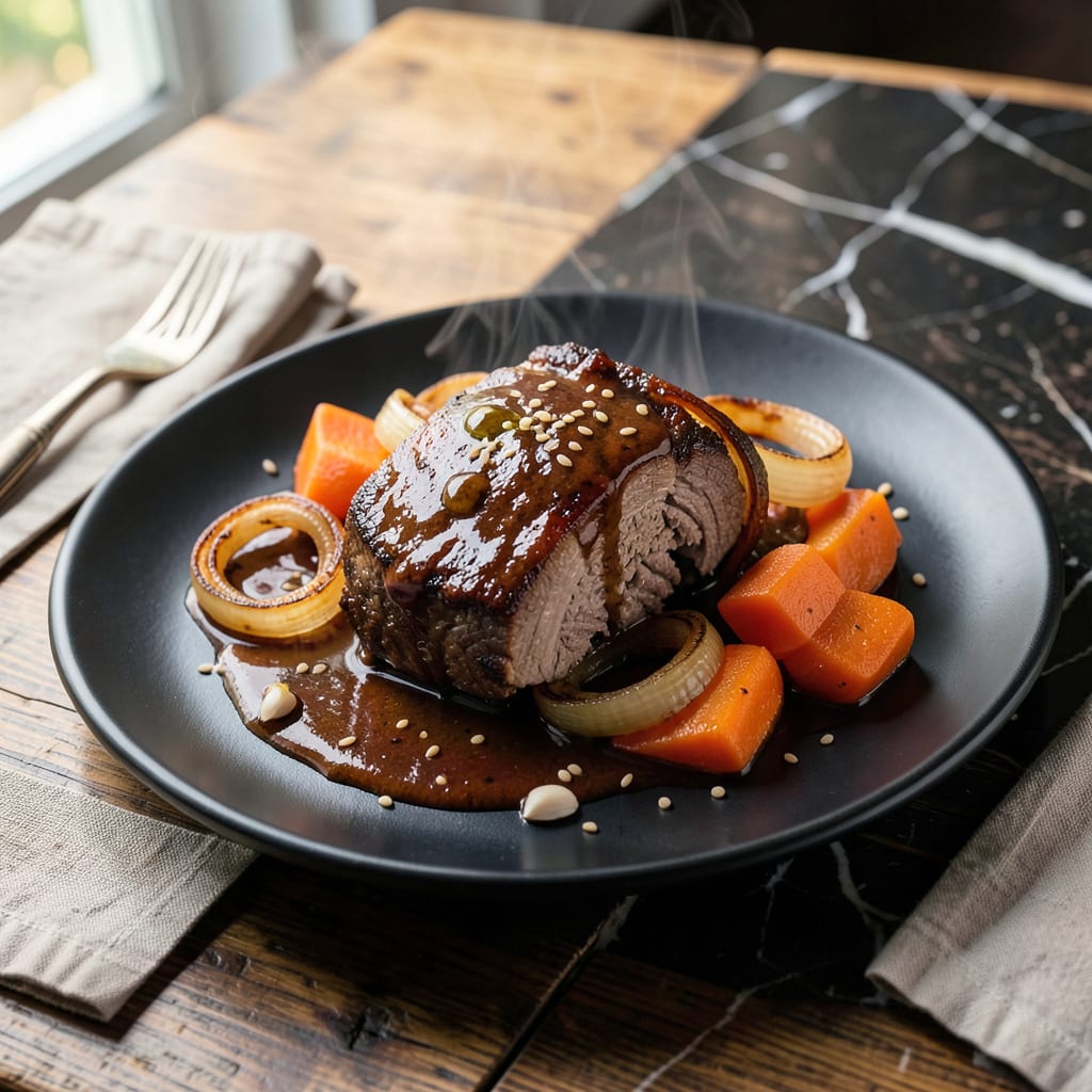 miso pot roast recipe illustration with key details