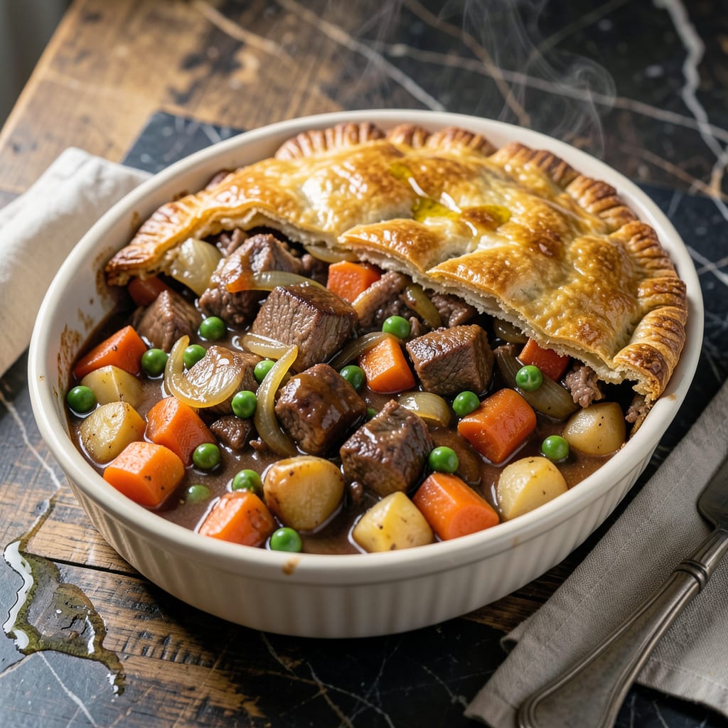 old fashioned beef pot pie recipe illustration with key details
