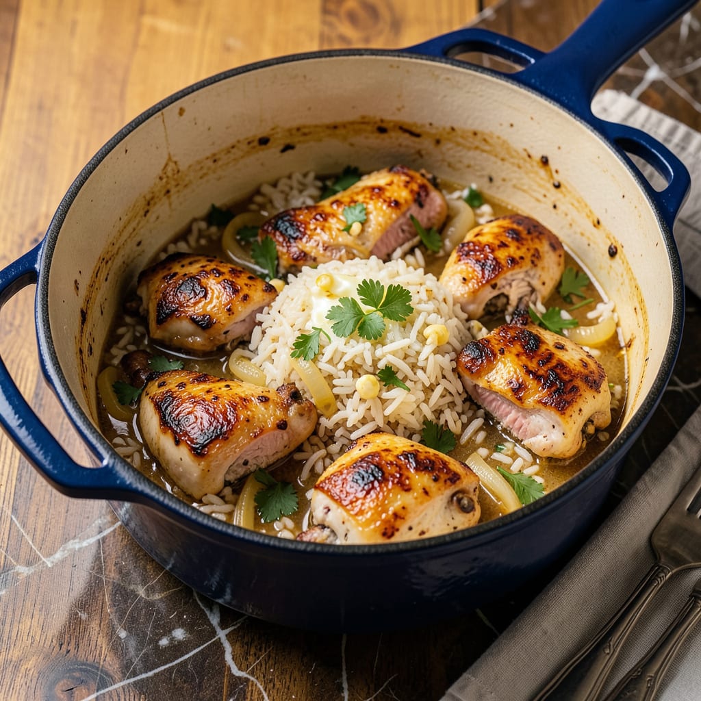 one pot chicken and rice recipe illustration with key details