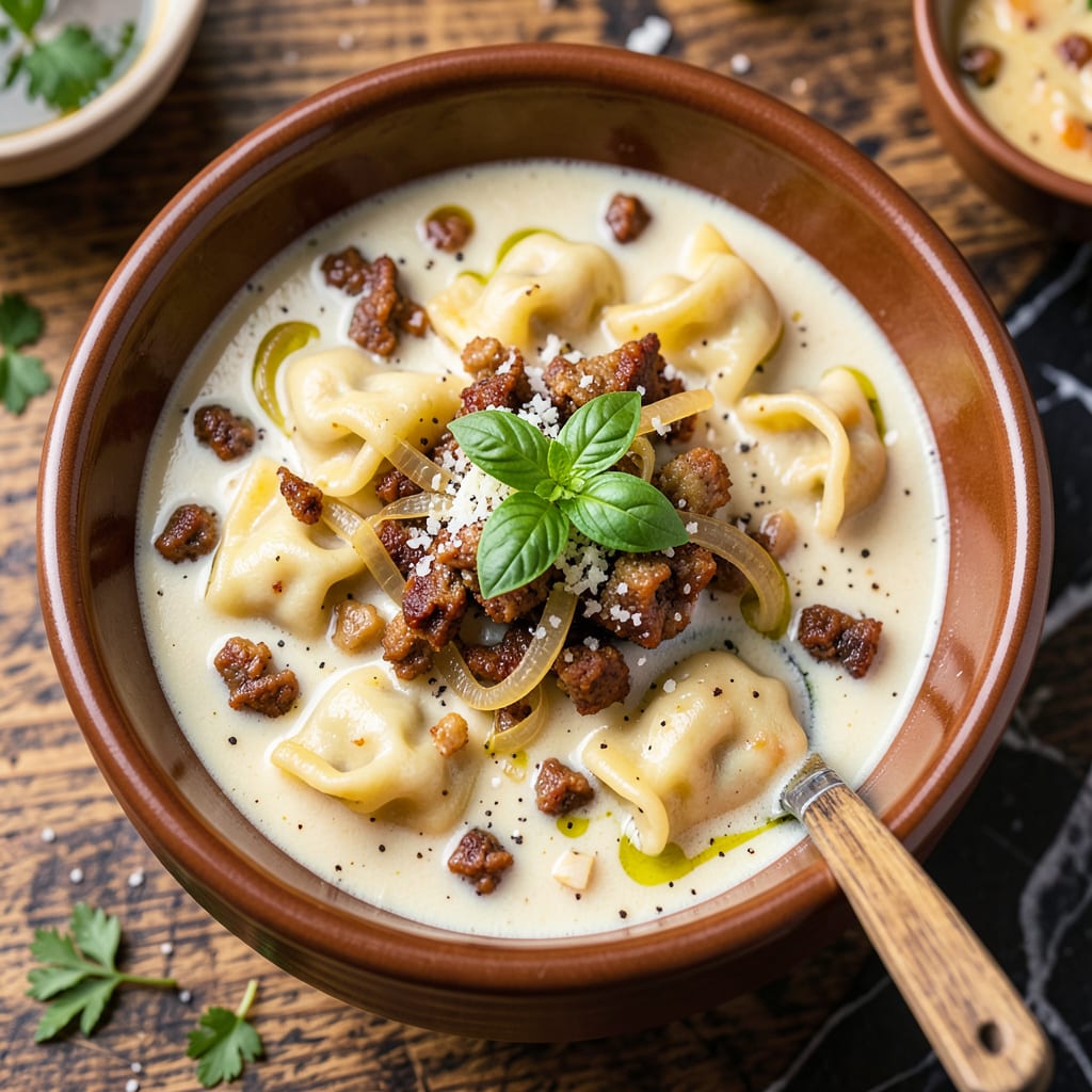 one pot creamy sausage tortellini soup recipe example with annotations