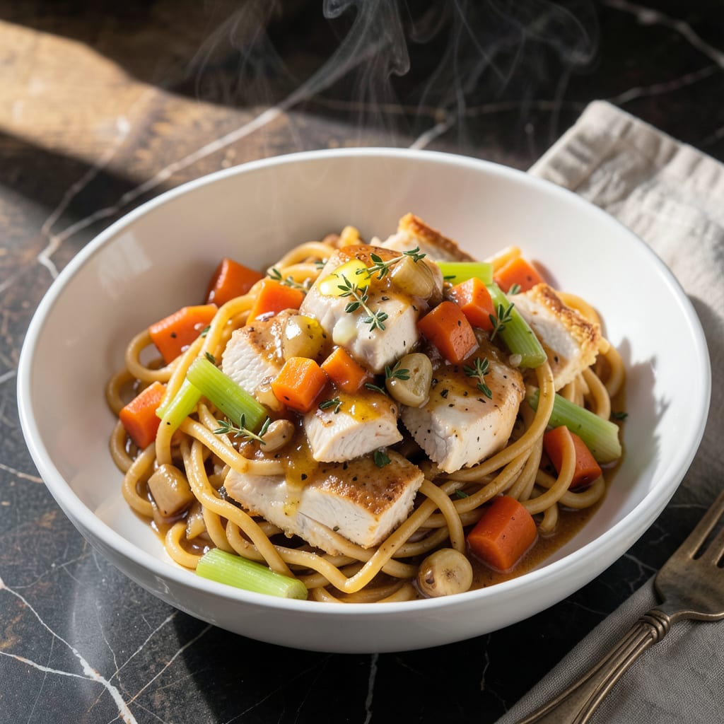 pot pie noodle recipe illustration with key details