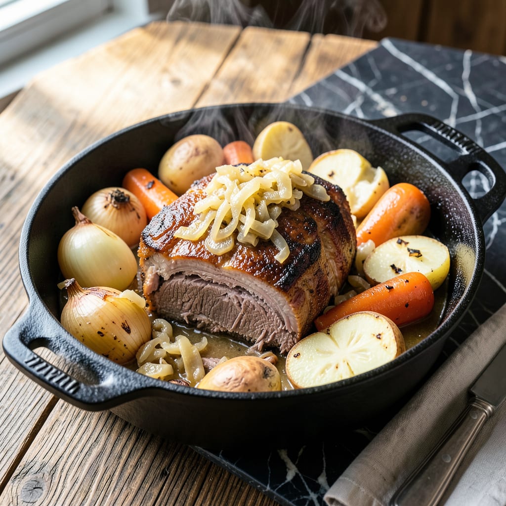pot roast and sauerkraut recipe illustration with key details