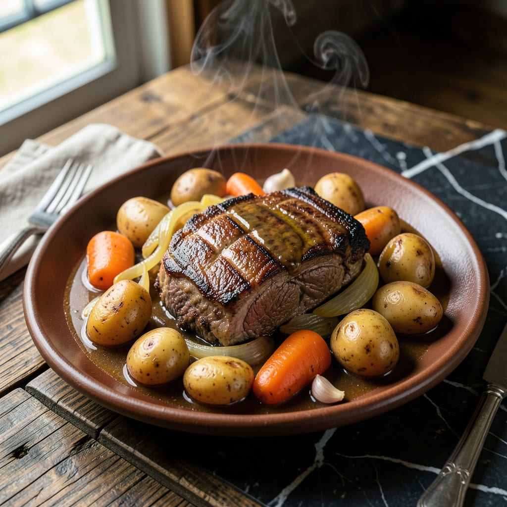 Visual representation of pot roast and vegetables recipe crock pot