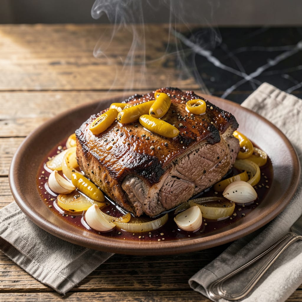 Comprehensive pot roast crock pot recipe with pepperoncini peppers visual reference