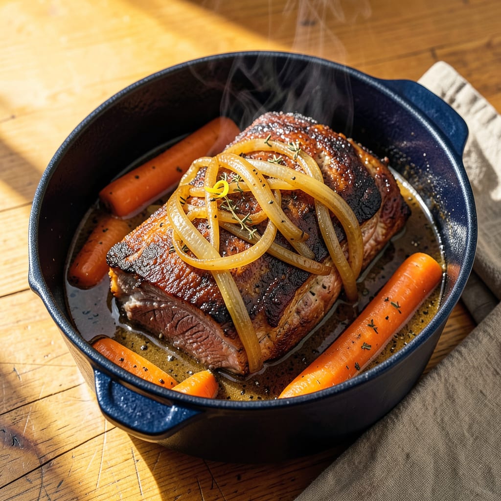 Comprehensive pot roast recipe on stove top visual reference