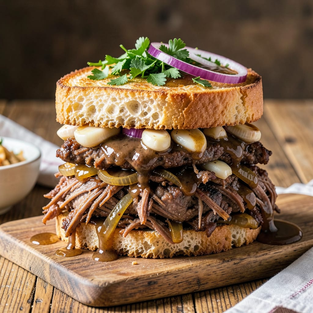 Pot Roast Sandwich Recipe: Slow Cooked Beef on Toasted Buns example with annotations