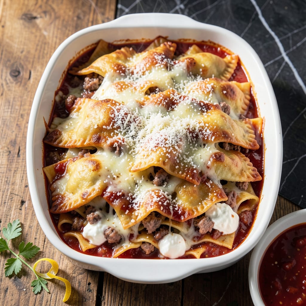 Visual representation of pot sticker lasagna recipe