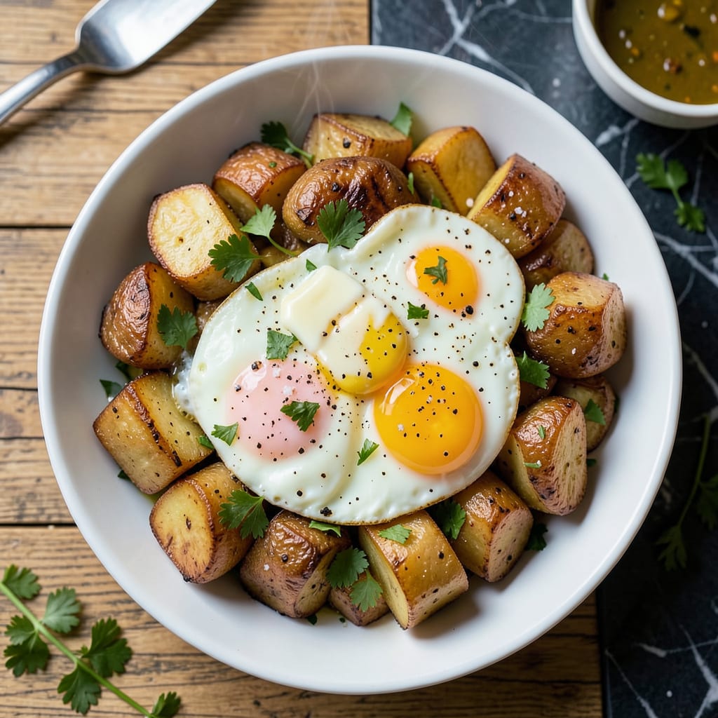 Potato and Eggs Recipe: Crispy Hash With Runny Yolks illustration with key details