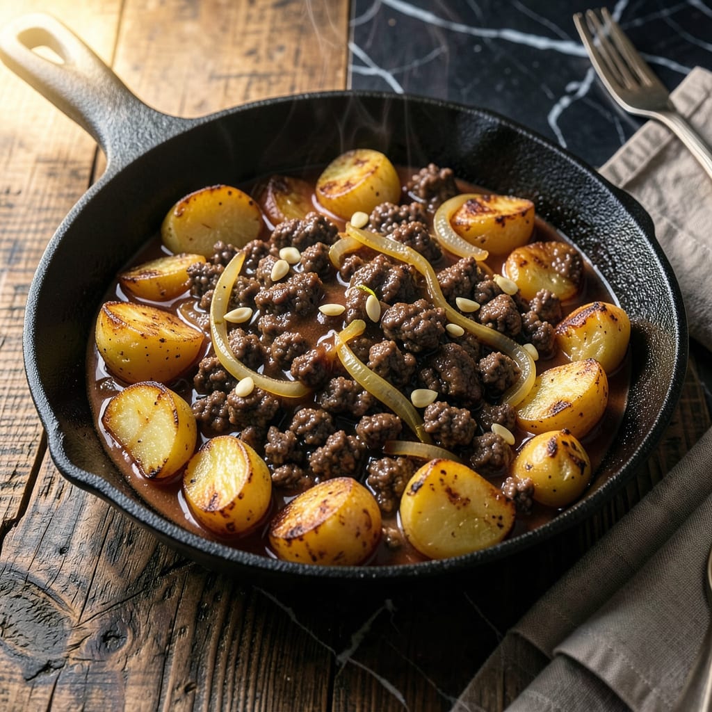 Potatoes and Ground Beef Recipe: Hearty One Pan Comfort Food illustration with key details