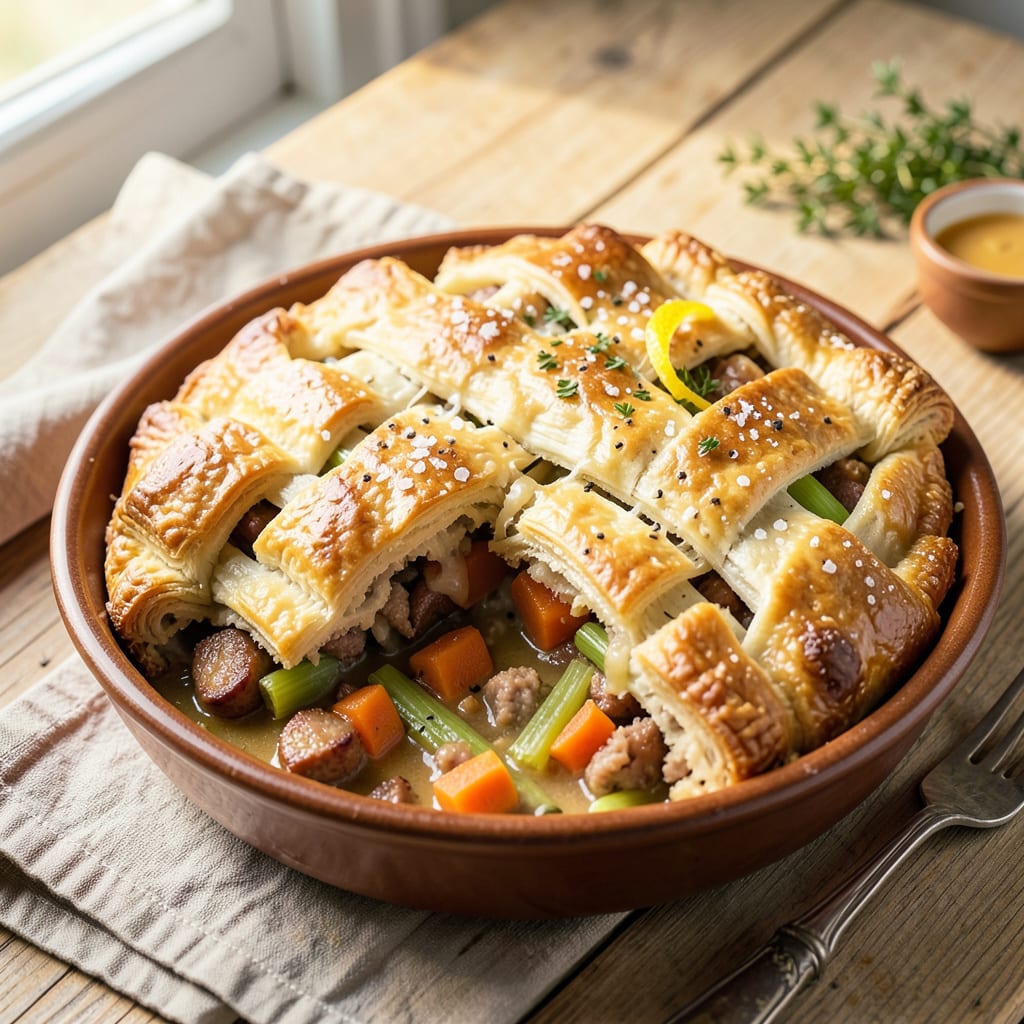 Sausage Pot Pie Recipe: Flaky Crust With Hearty Comfort Filled Centers example with annotations