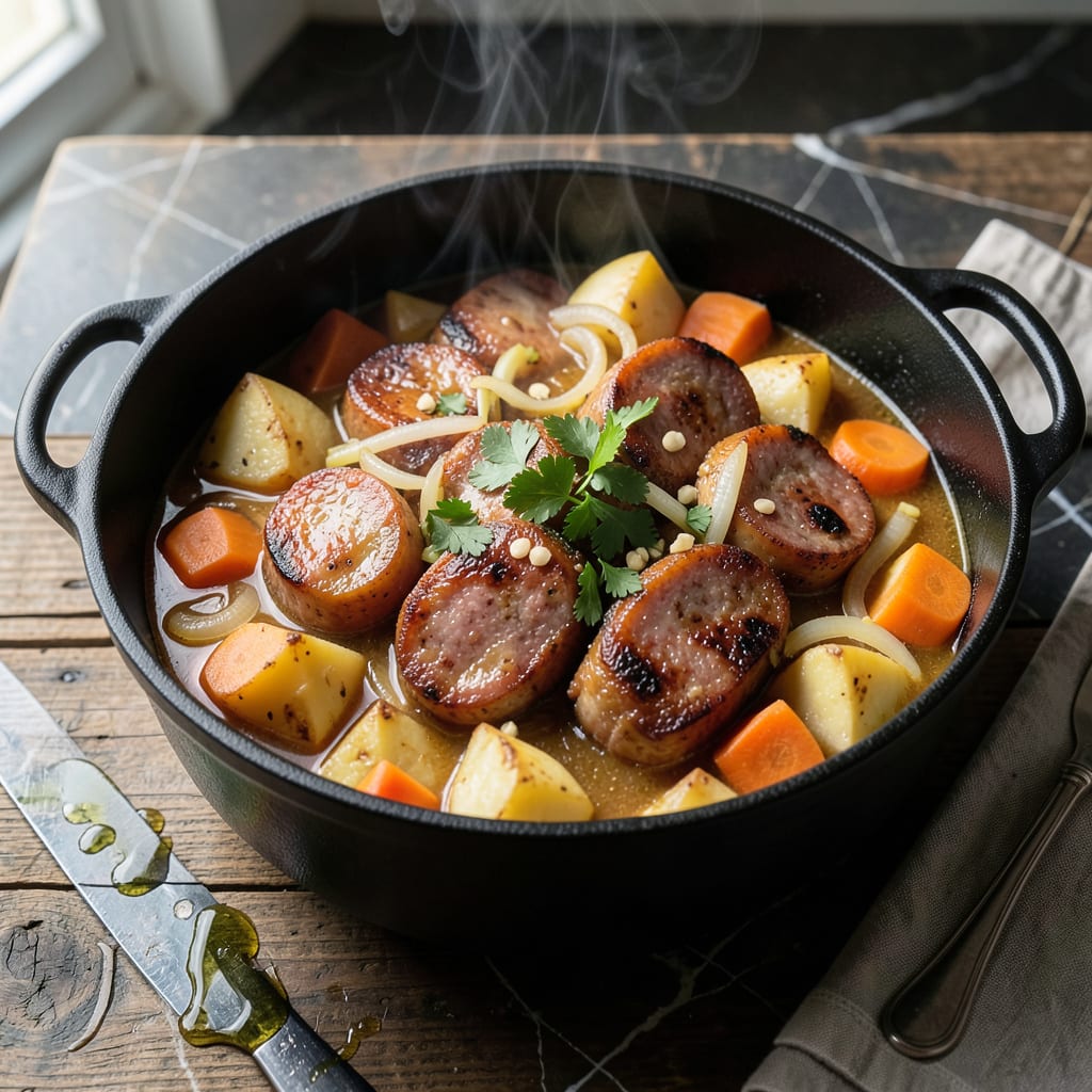 sausage pot recipe illustration with key details