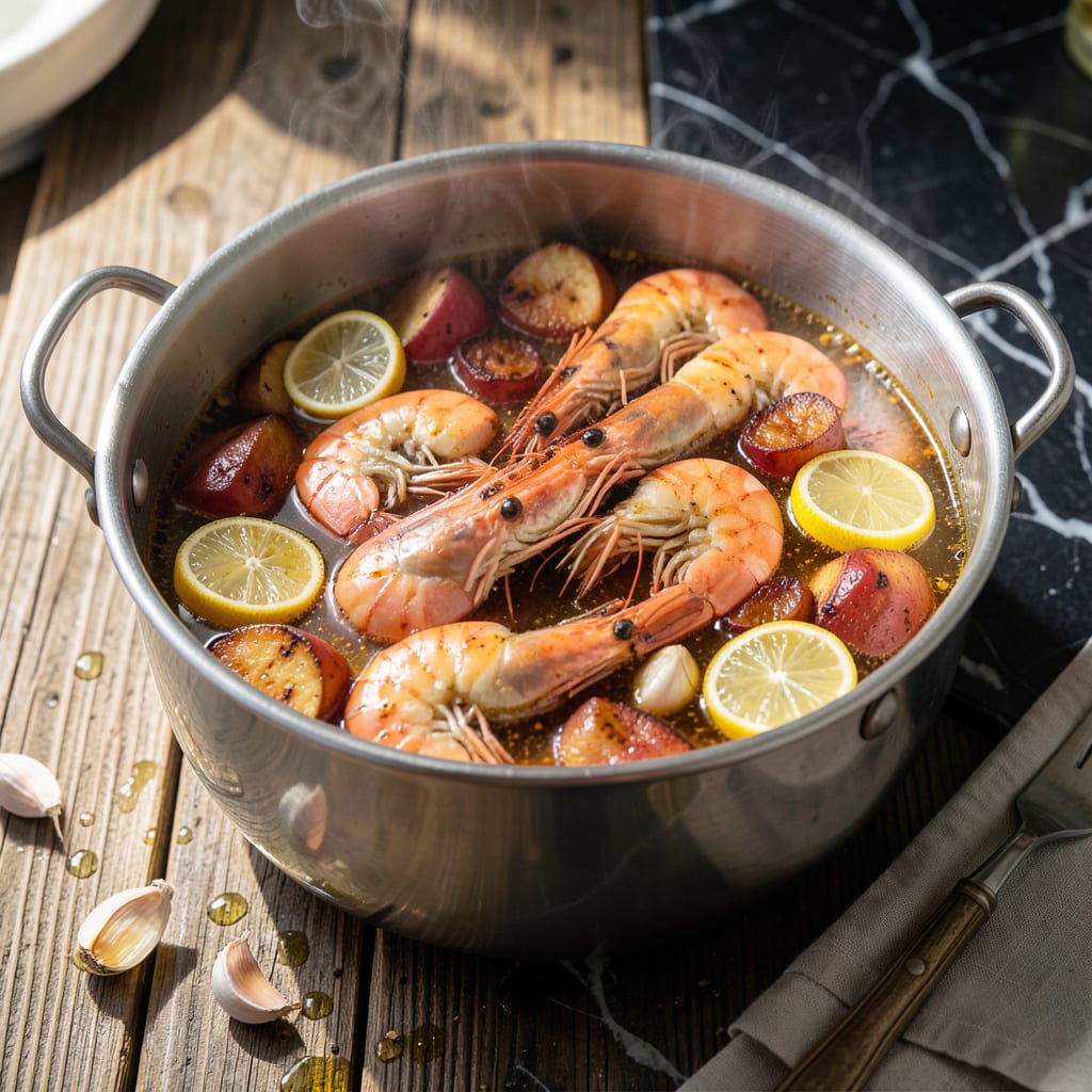 Shrimp Steamer Pot Recipe: Seafood Boil With Old Bay Spice illustration with key details