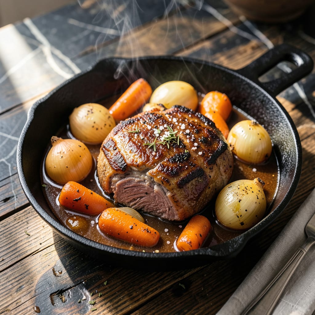 skillet pot roast recipe illustration with key details