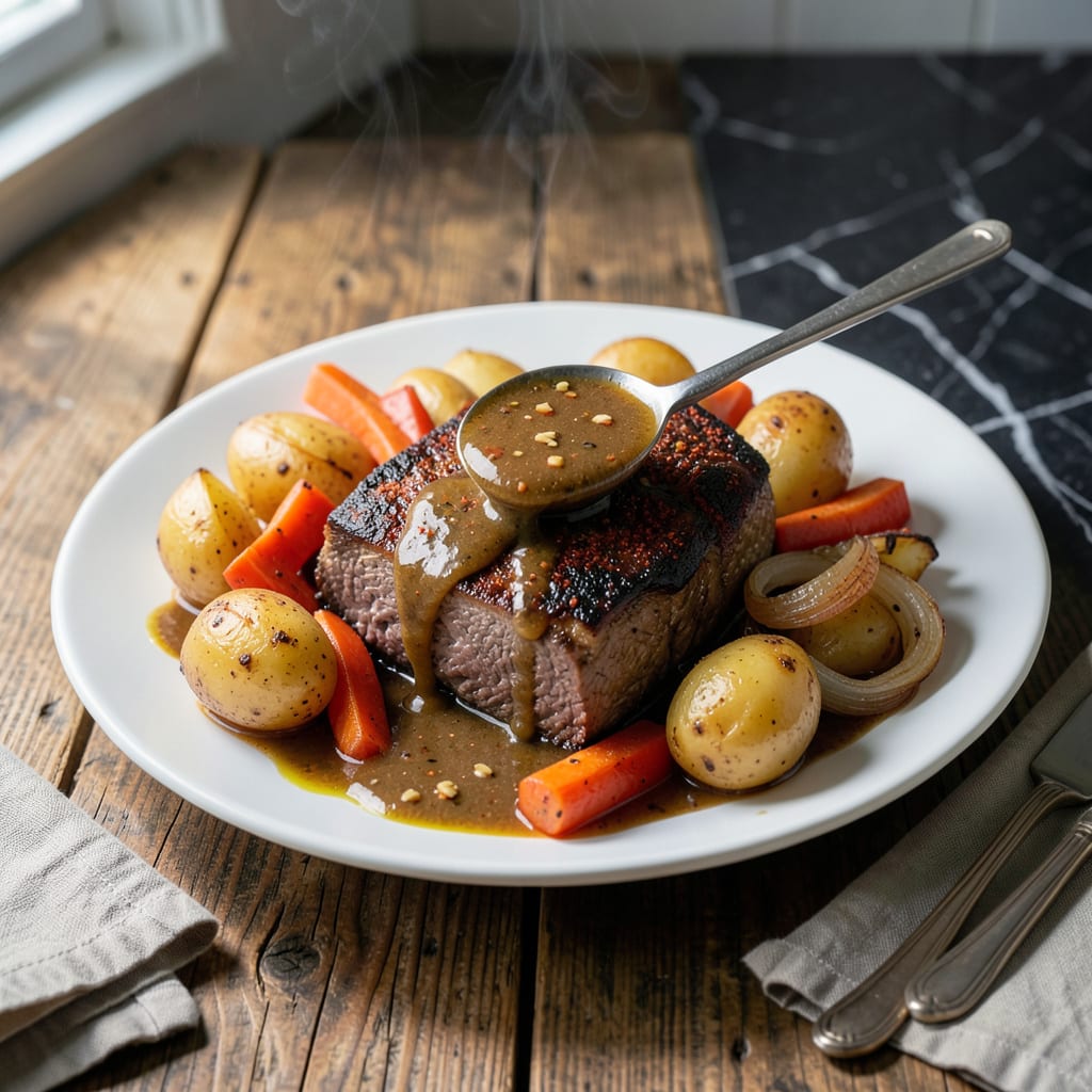 Complete spicy pot roast crock pot recipe overview image