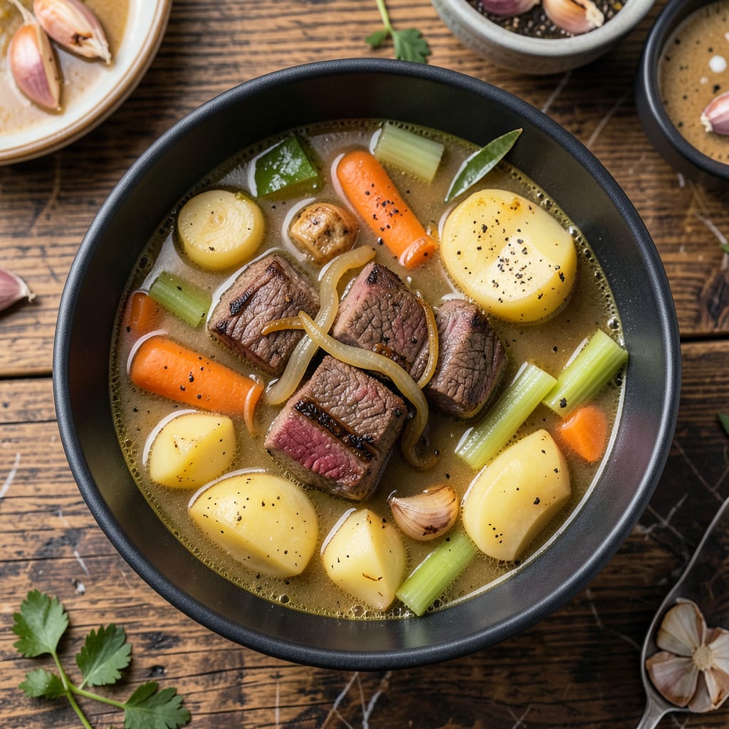 steak and potato winter soup recipe example with annotations