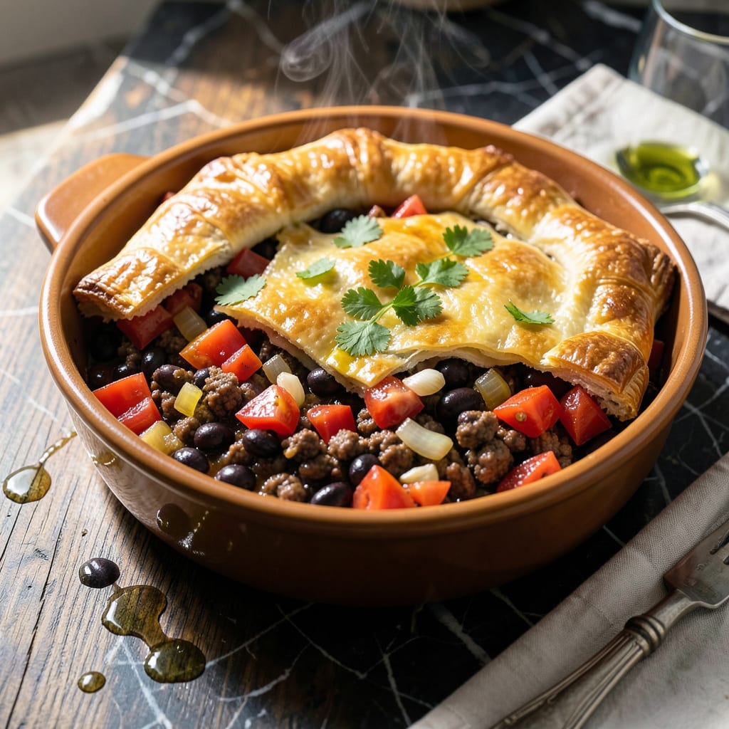 taco pot pie recipe illustration with key details