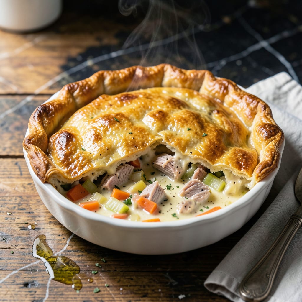 Tuna Pot Pie Recipe: Flaky Crust Over Creamy Seafood Filling example with annotations