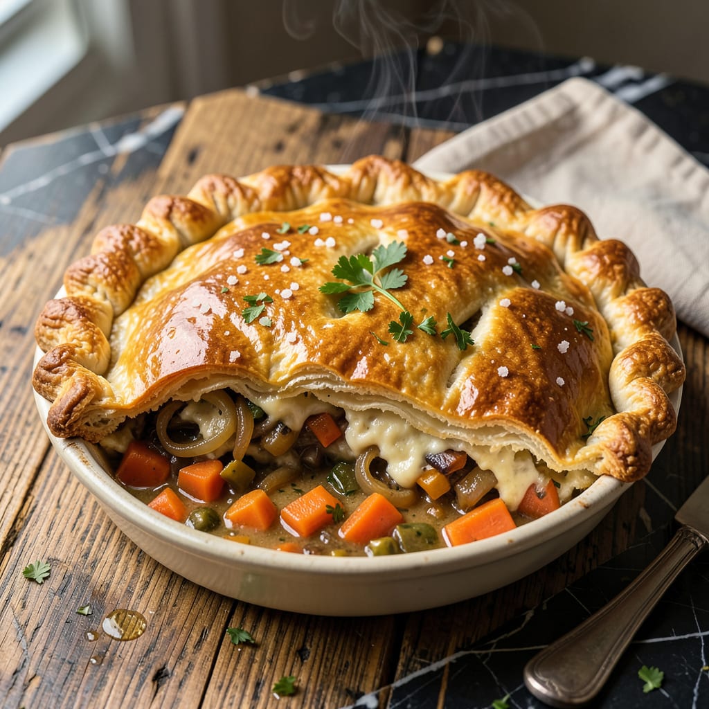 Vegan Pot Pie Recipe: Flaky Crust Over Hearty Plant Based Filling illustration with key details