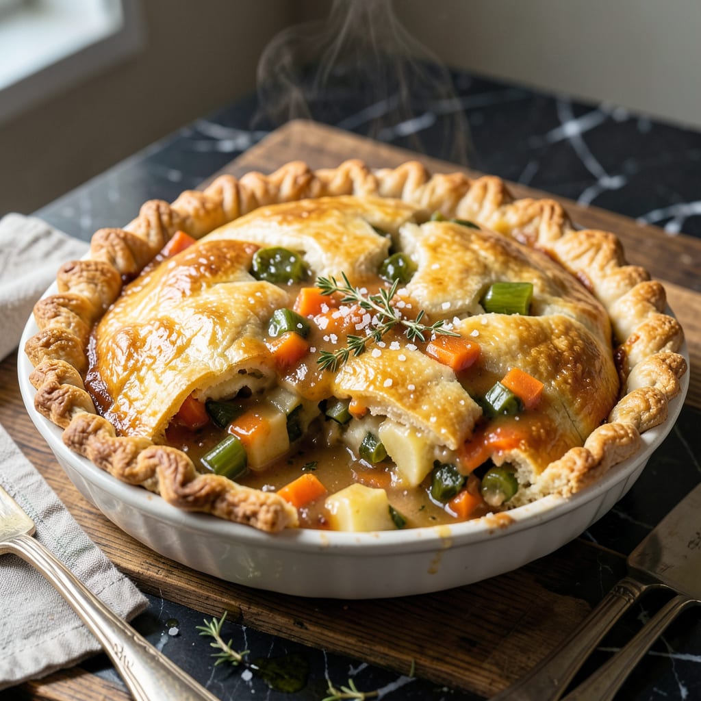 vegetarian pot pie recipe illustration with key details