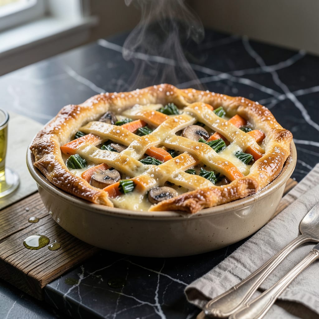 veggie pot pie recipe illustration with key details